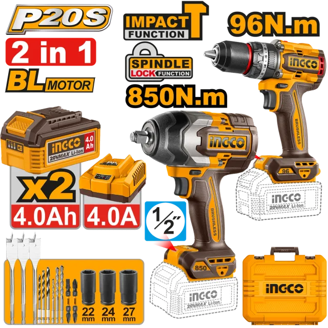 COMBO СЕТ 2/1 20V 2×4.0Ah УДАРЕН ОДВРТУВАЧ 850Nm + ШТРАФИЛИЦА 96Nm СЕТ INGCO COSLI250586