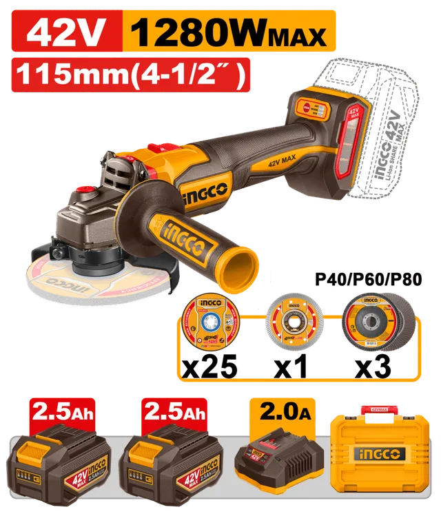 АГОЛНА БРУСИЛКА 42V 1280W 115MM СО 2×2.5Ah INGCO CAGLI4128112