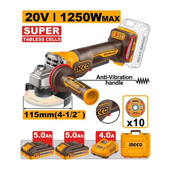 БАТЕРИСКА АГОЛНА БРУСИЛКА 20V 115mm 1250W MAX BL АНТИВИБРАЦИСКА 2×5.0Ah INGCO CAGLI235162