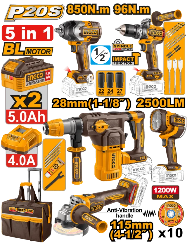 COMBO СЕТ 5/1 20v 2×5.0Ah INGCO COSLI251193