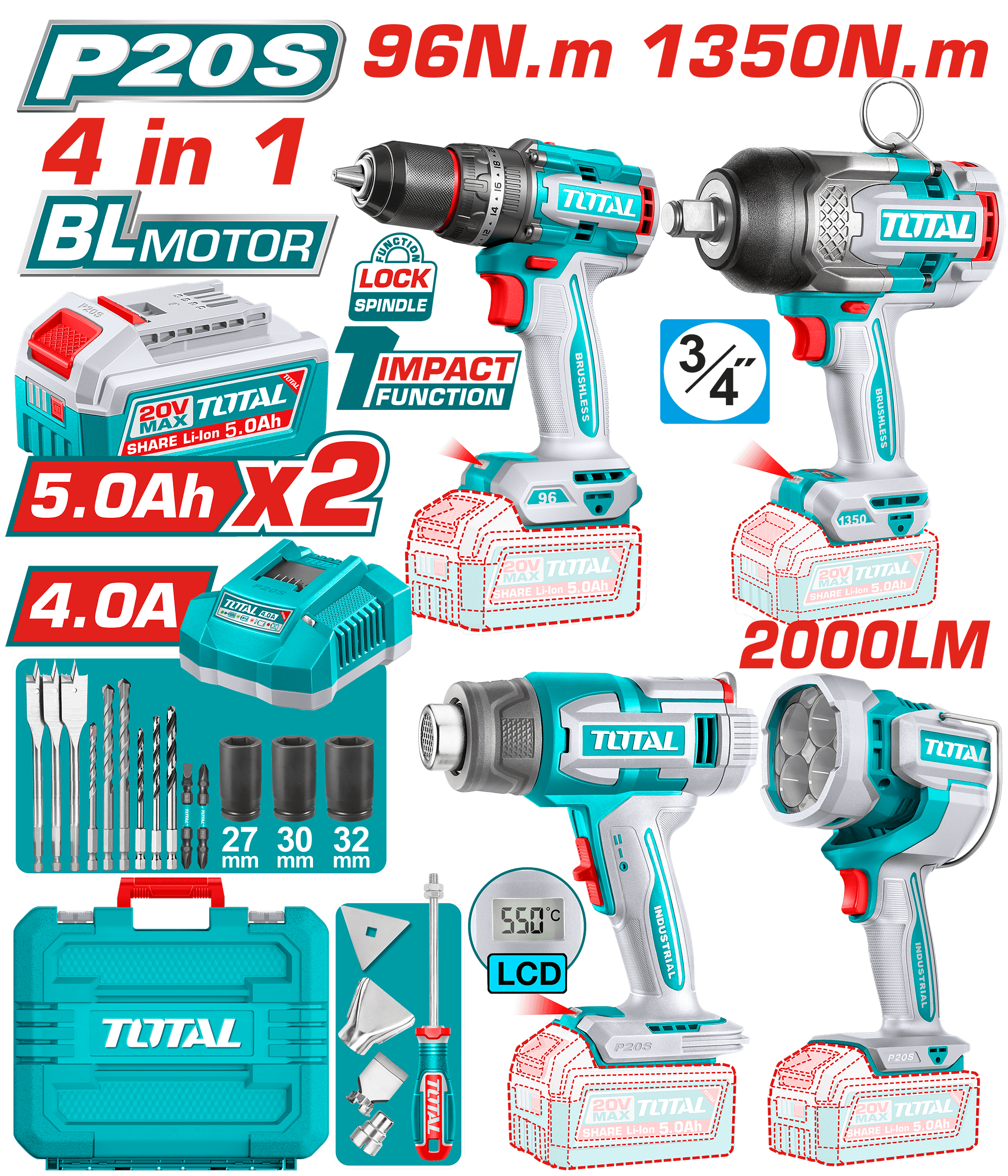 Combo set 4/1 20V 2x5.0Ah TOTAL TOSLI250608