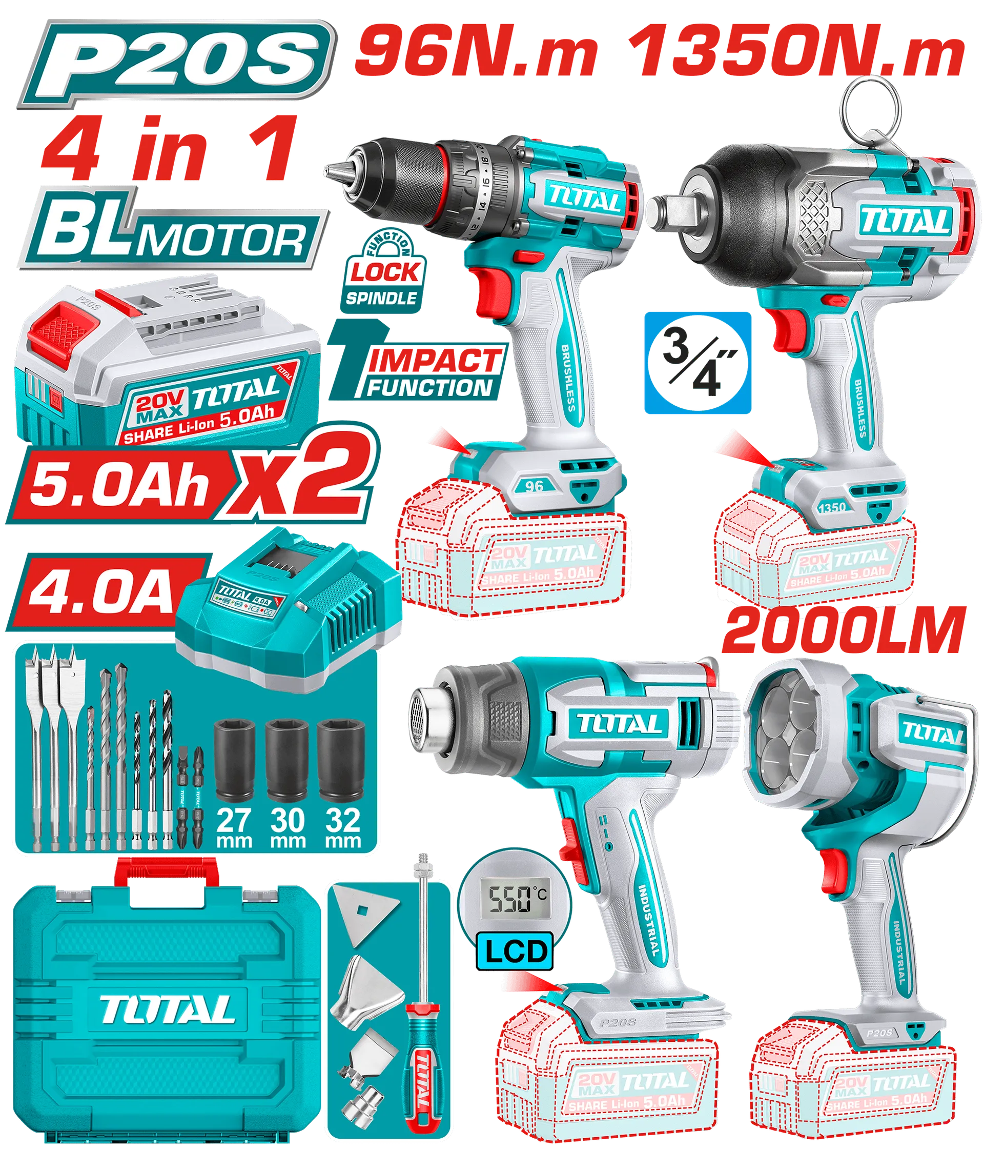 Combo set 4/1 20V 2x5.0Ah TOTAL TOSLI250608
