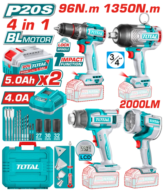 COMBO СЕТ 4/1 20V 2×5.0Ah TOTAL TOSLI250608