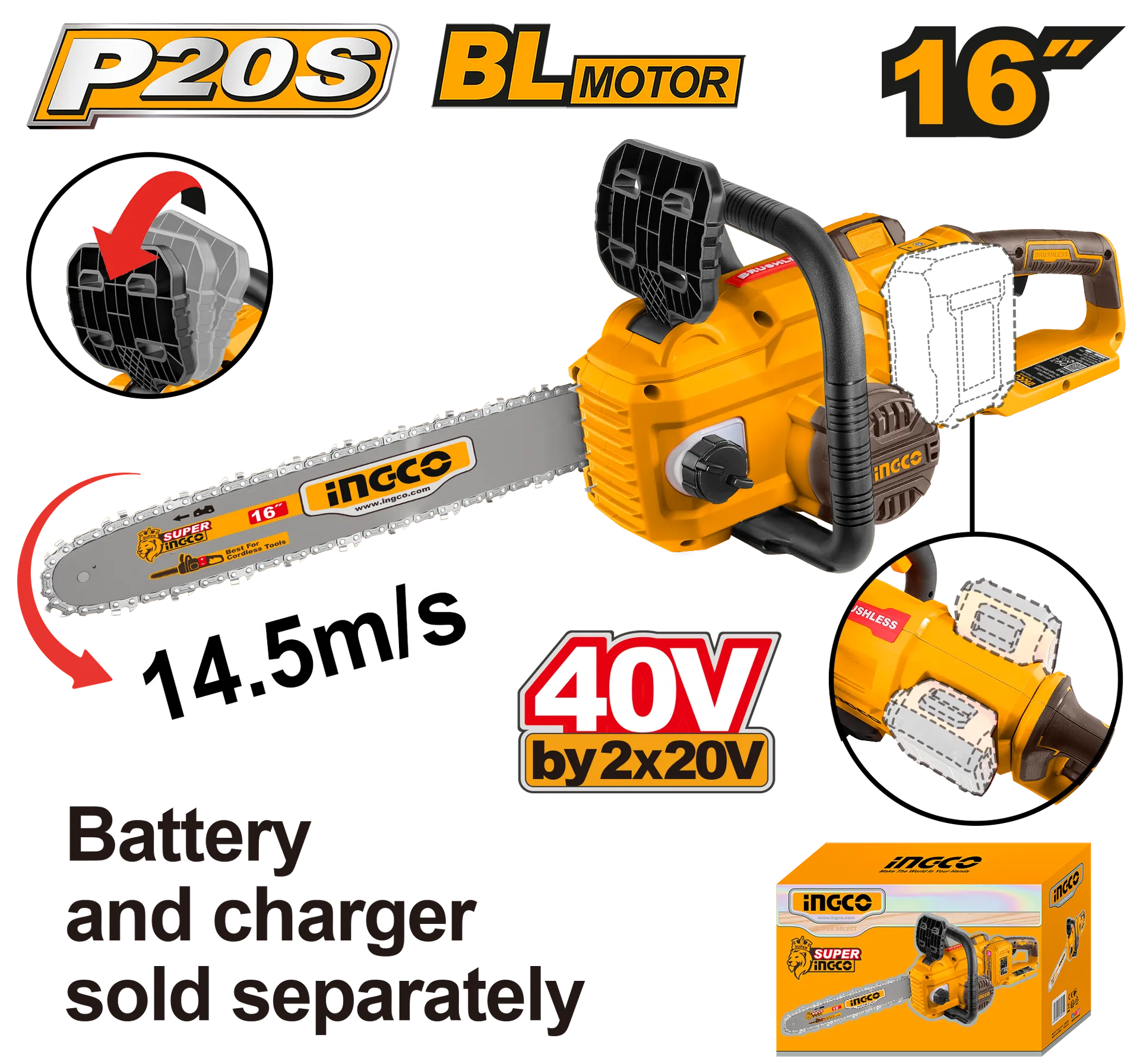Motopjela baterike 40V (2x20V) solo pa baterie MAC-16" (40CM) INGCO CGSLI40168