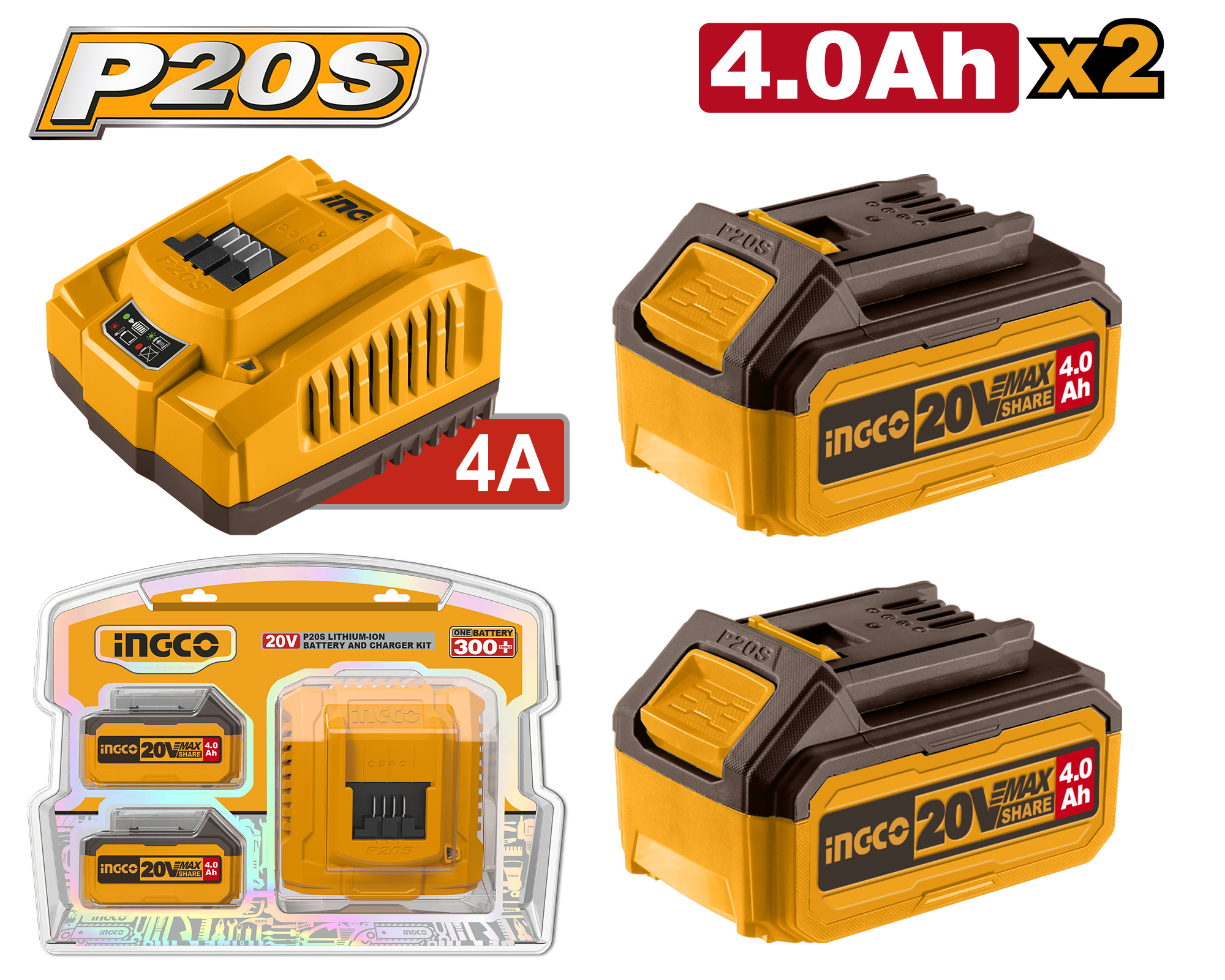 Set 2 bateri 20V 2x4Ah + karikues 4A INGCO FBCPK1424