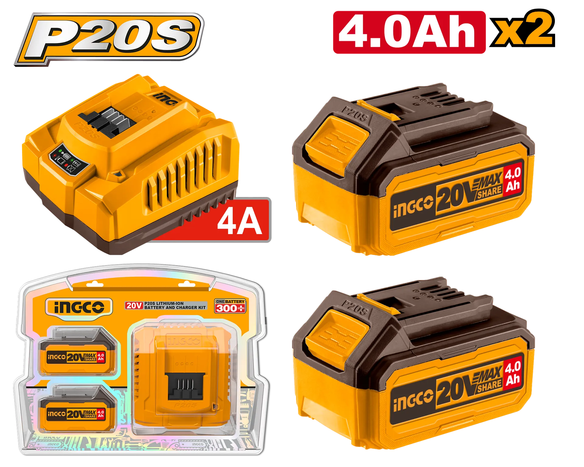 Set 2 bateri 20V 2x4Ah + karikues 4A INGCO FBCPK1424