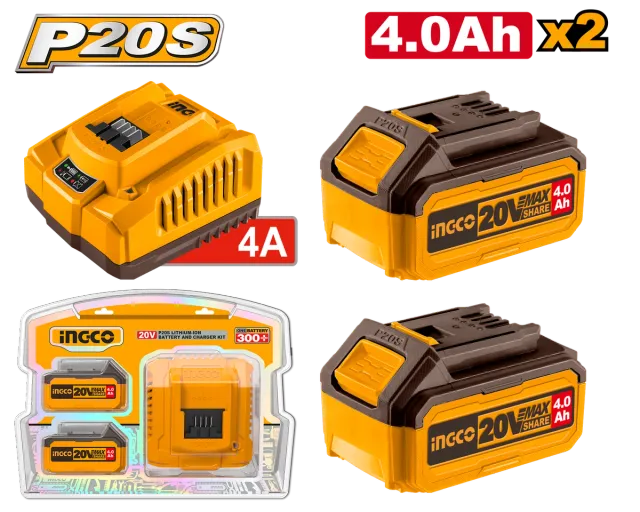 СЕТ 2 БАТЕРИИ 20v 2x4Ah + ПОЛНАЧ 4A INGCO FBCPK1424