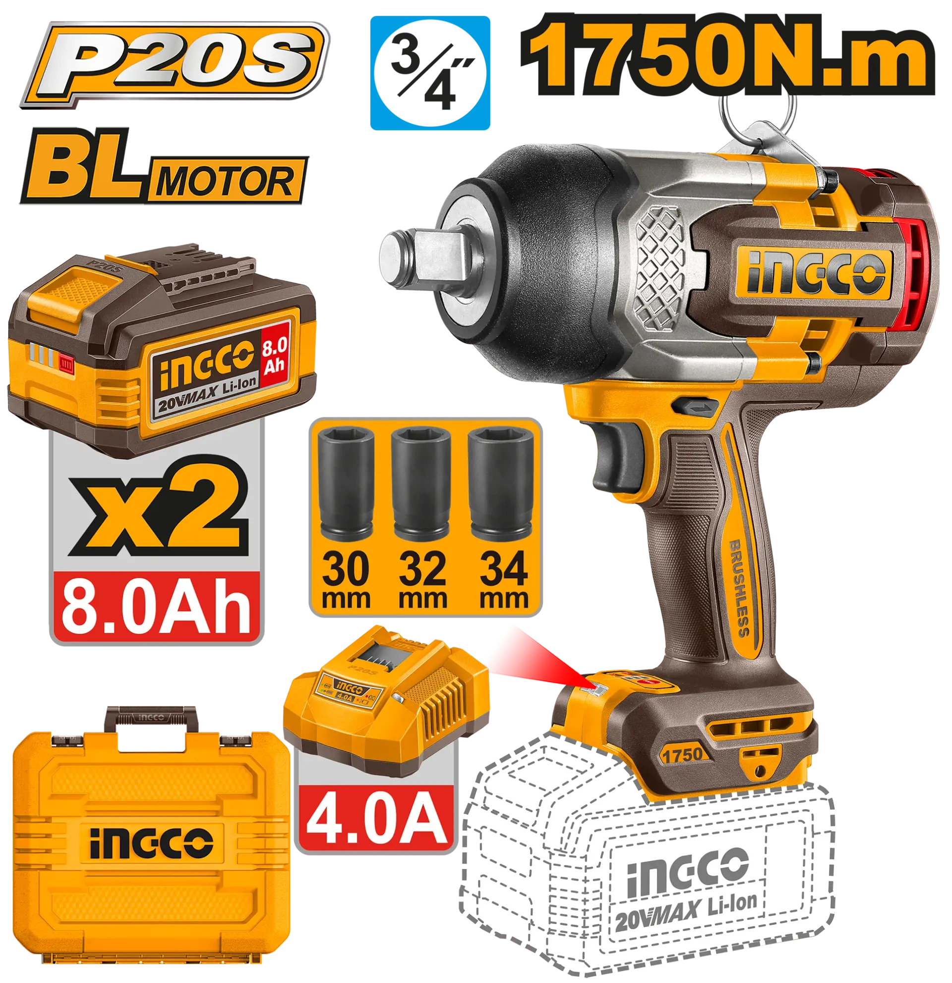 Kërcyese përplasëse 20V 1750Nm 2x8.0Ah bateri INGCO CIWLI20175