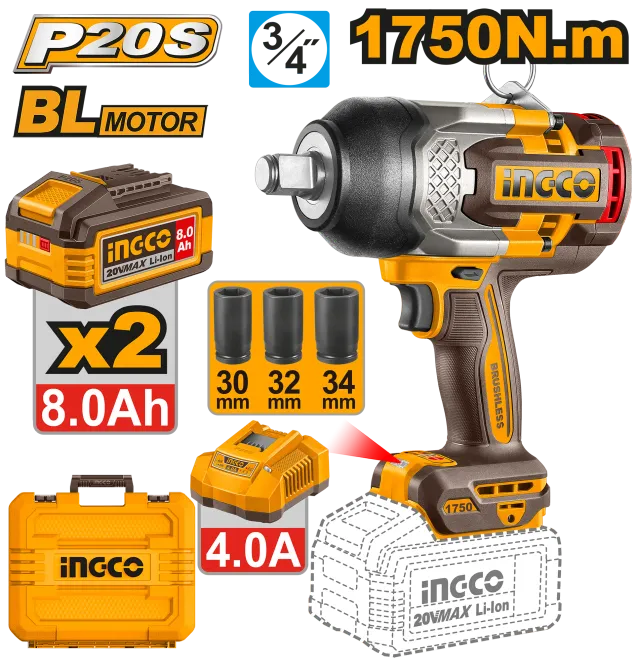УДАРЕН ОДВРТУВАЧ 20V 1750Nm 2×8.0Ah БАТЕРИИ INGCO CIWLI20175