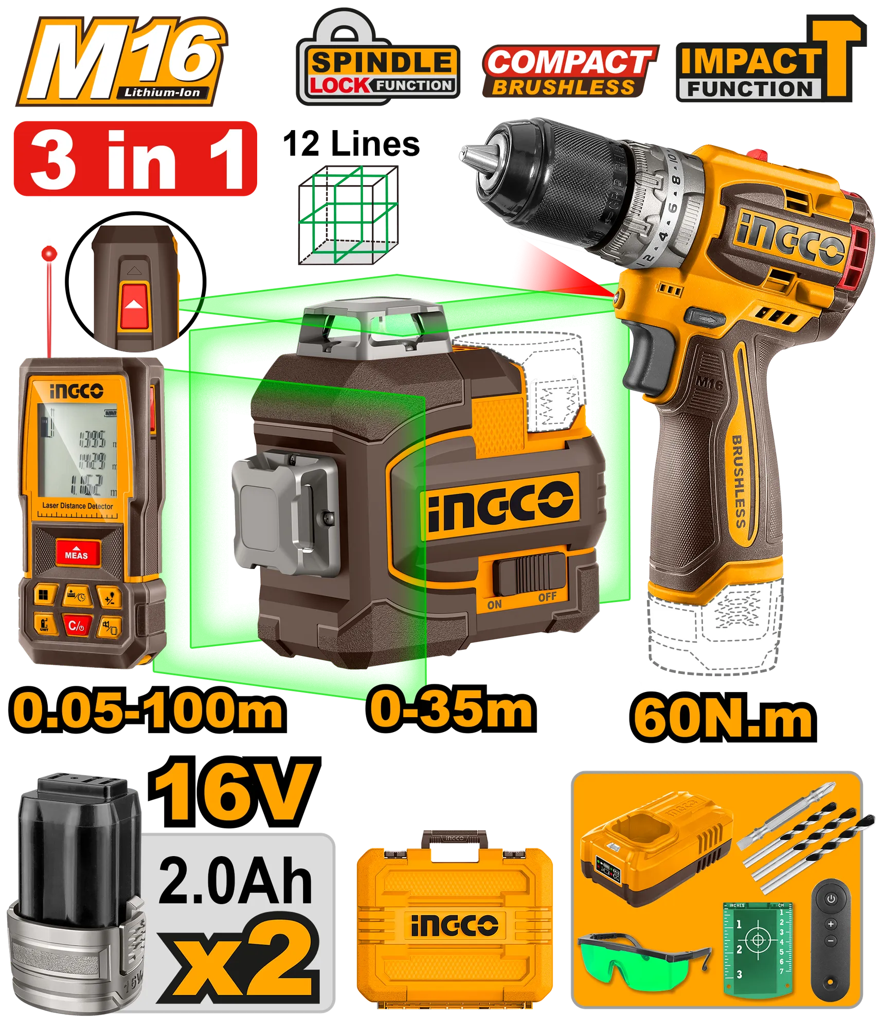 Combo set 16V shpuese + lazer + matës + 2x2.0AH baterija + çantë INGCO COSLI250101