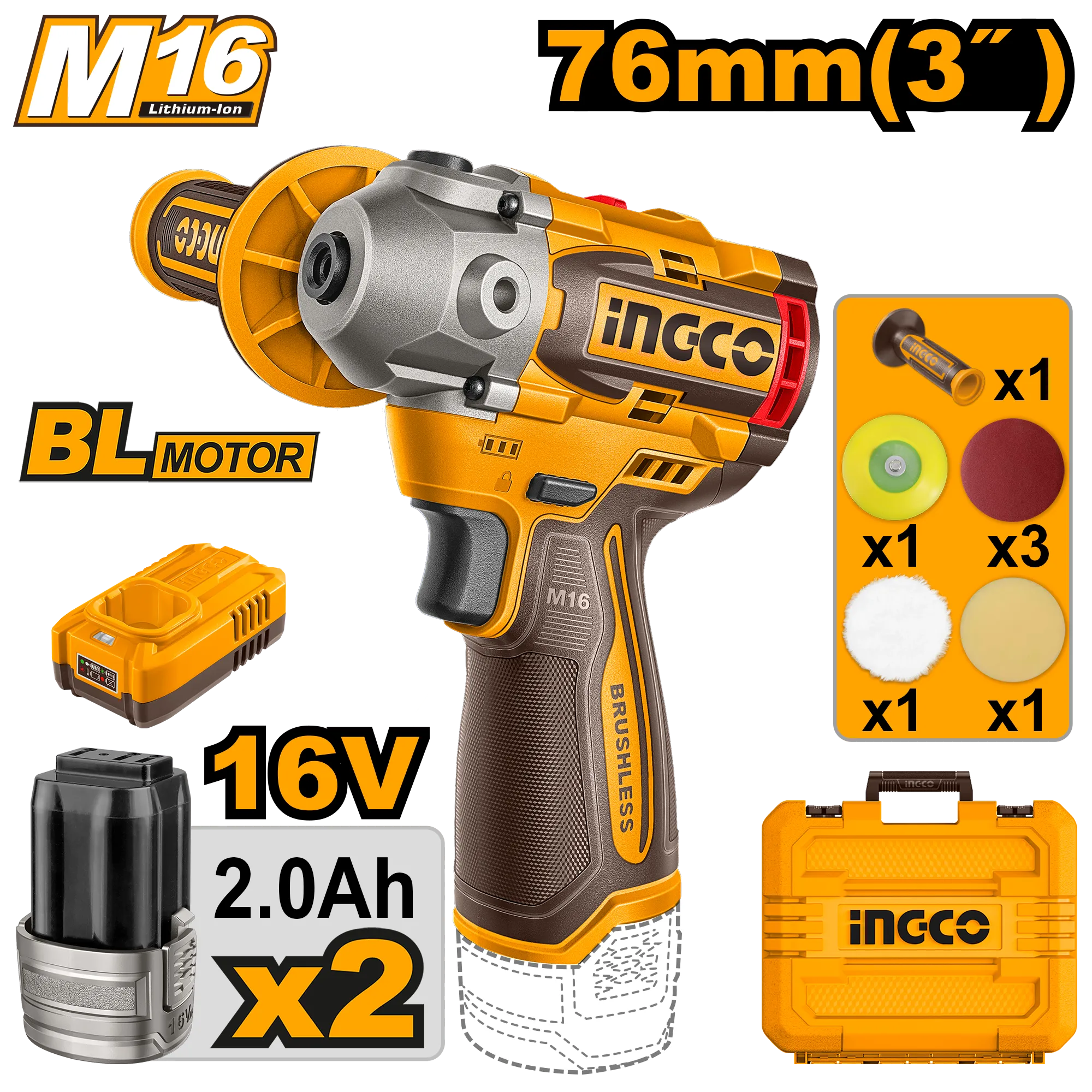 Polizuese 76mm 16V 2x2.0Ah INGCO APLI1676