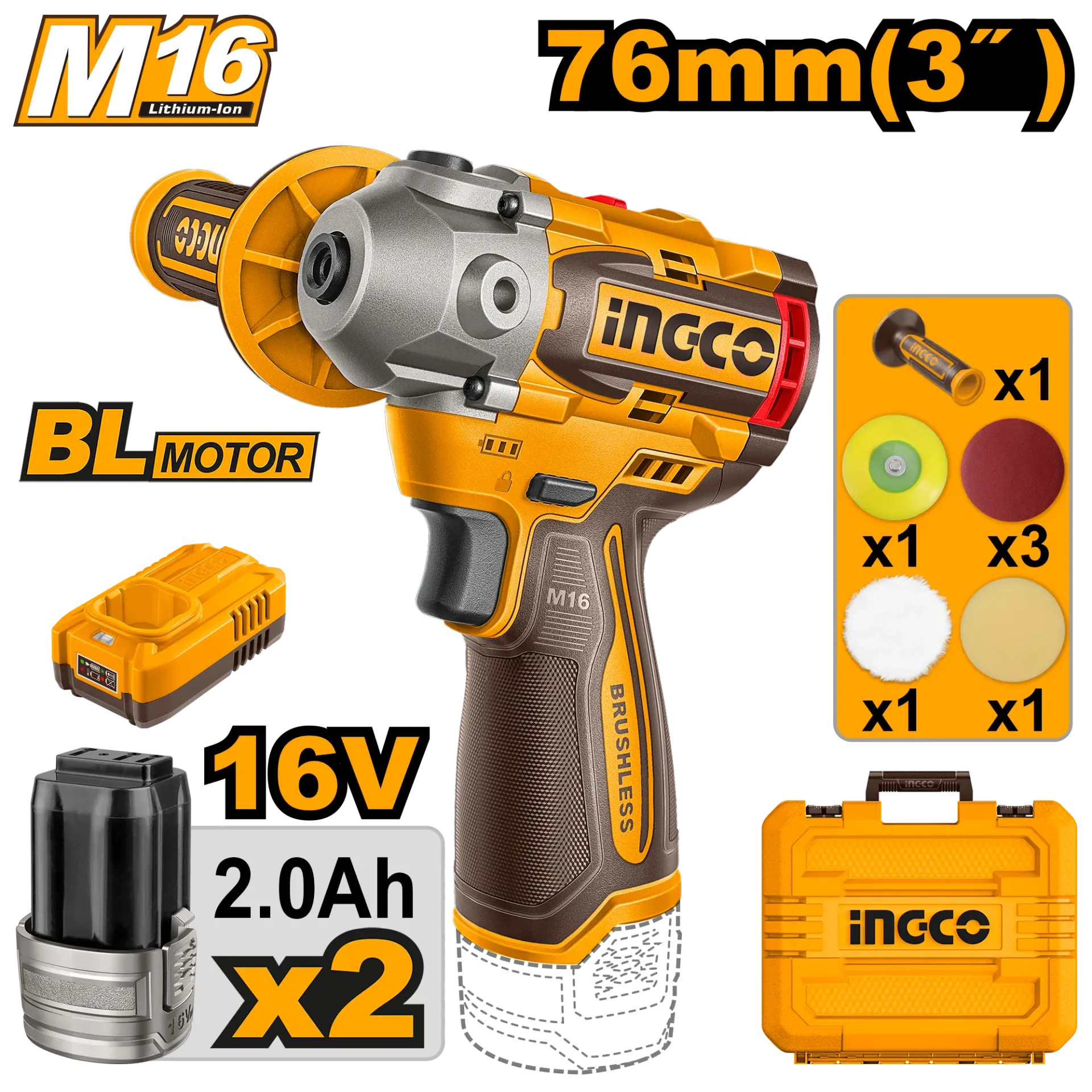Polizuese 76mm 16V 2x2.0Ah INGCO APLI1676