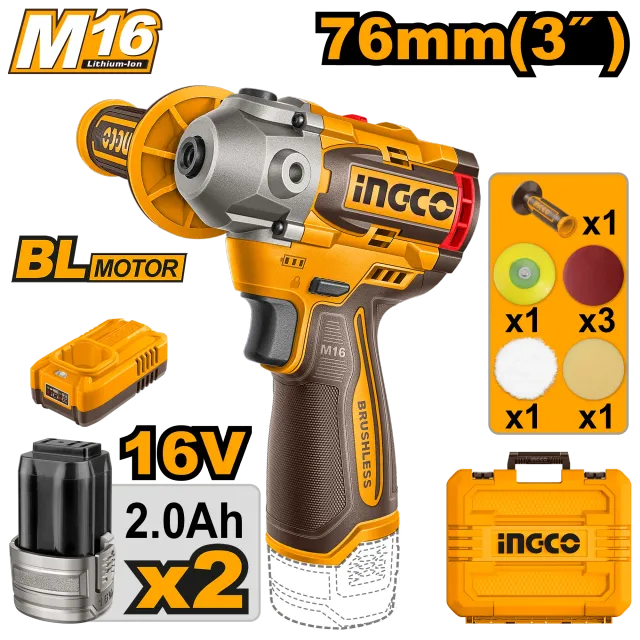 ПОЛИРКА 76mm 16V 2×2.0Ah INGCO APLI1676