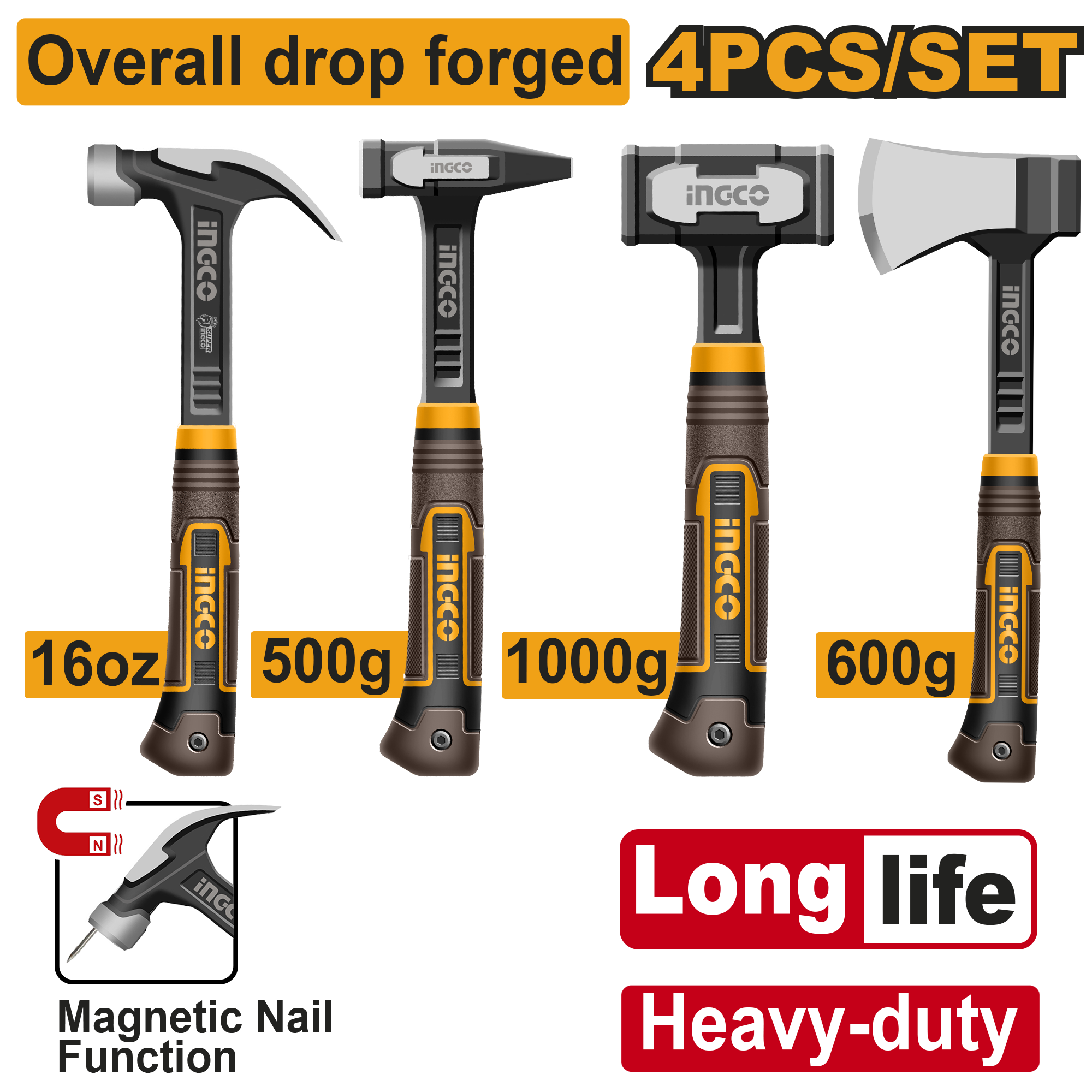 Çekiç+sëpatë+malej magnet profi set 4/1 INGCO HCH9004L