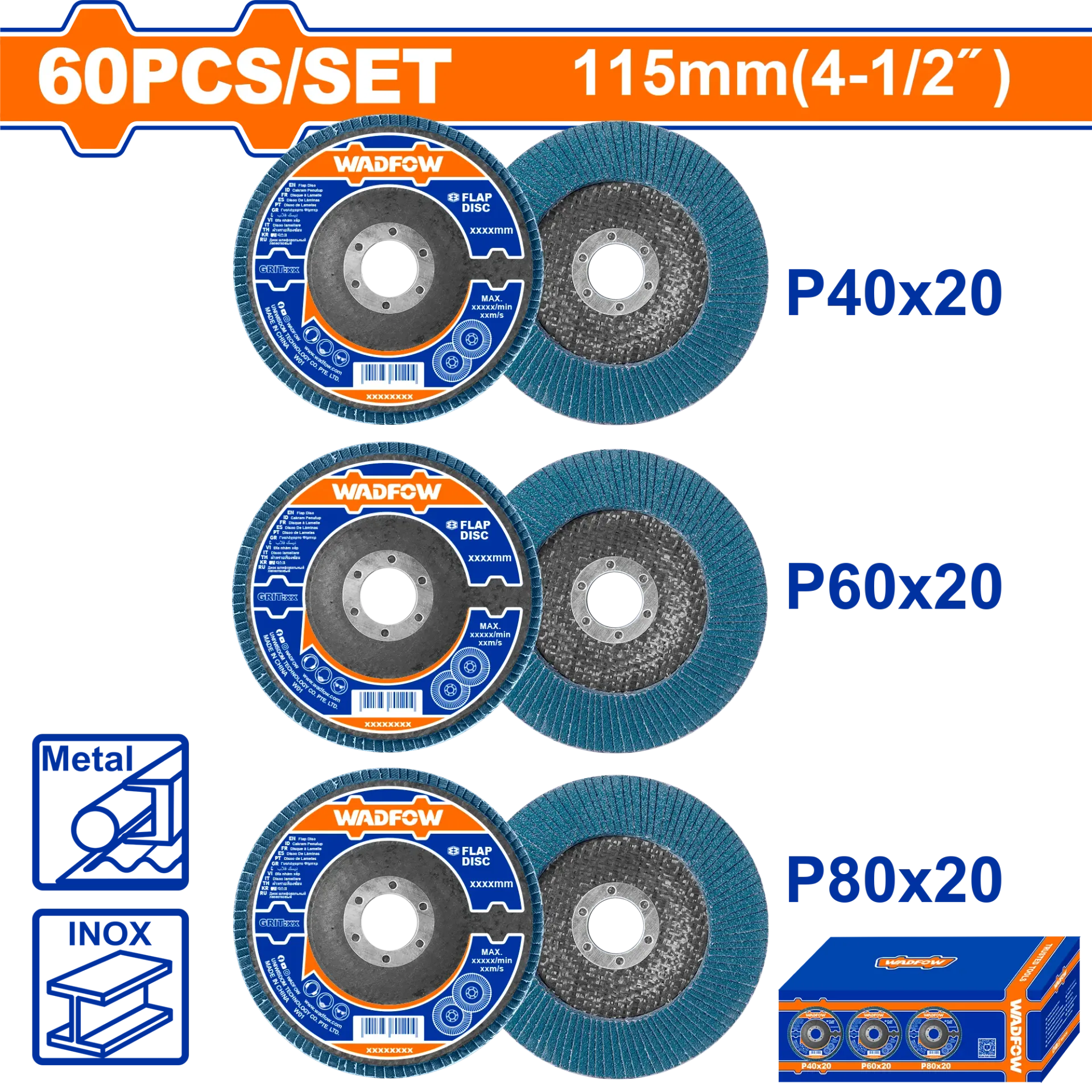 Flap disk set 3/1 (P40+P60+P80) WADFOW WYL1355