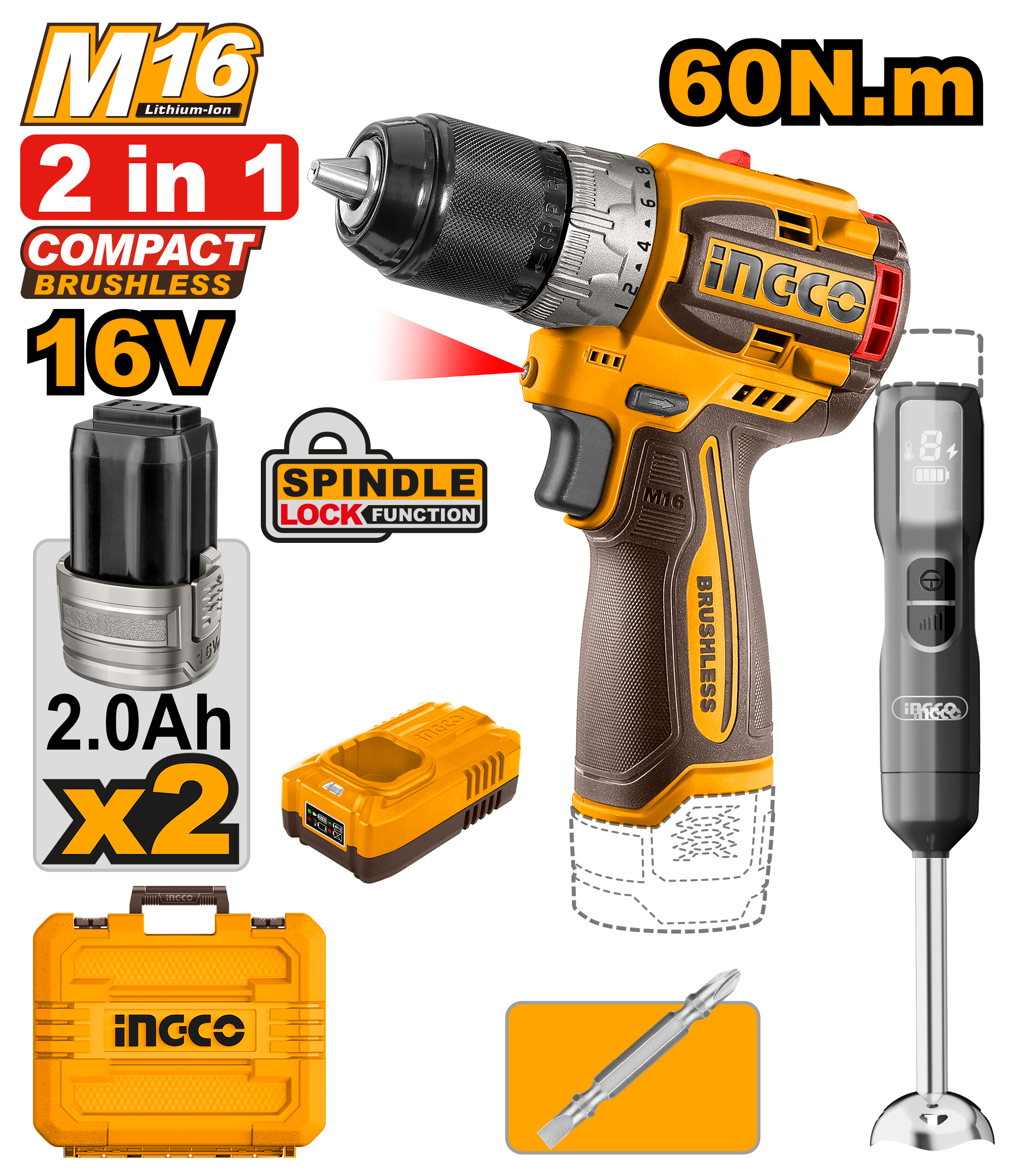 Combo set INGCO 2/1 16V 2x2.0Ah baterie Shpuese + mikser dore - CKLI1628