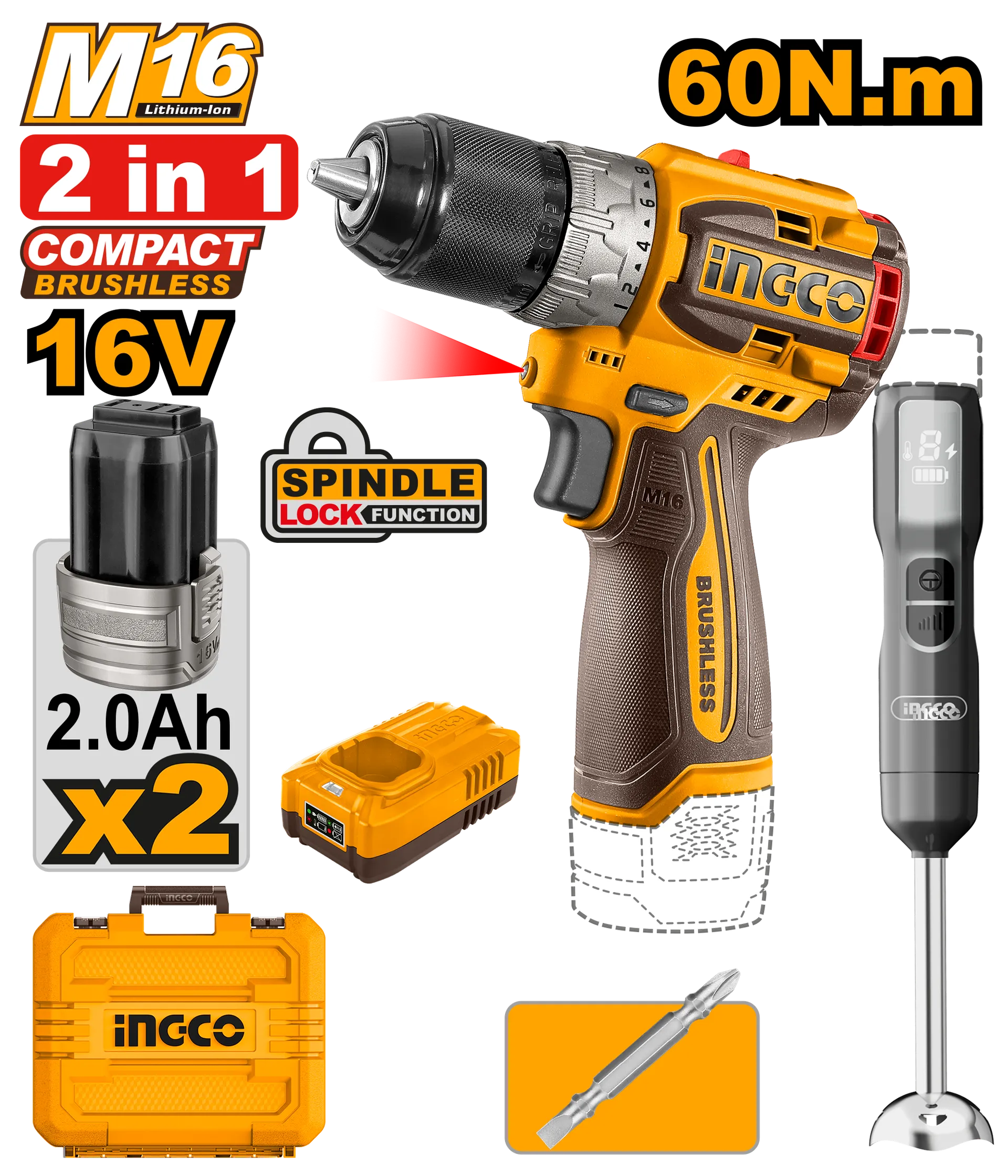 Combo set INGCO 2/1 16V 2x2.0Ah baterie Shpuese + mikser dore - CKLI1628