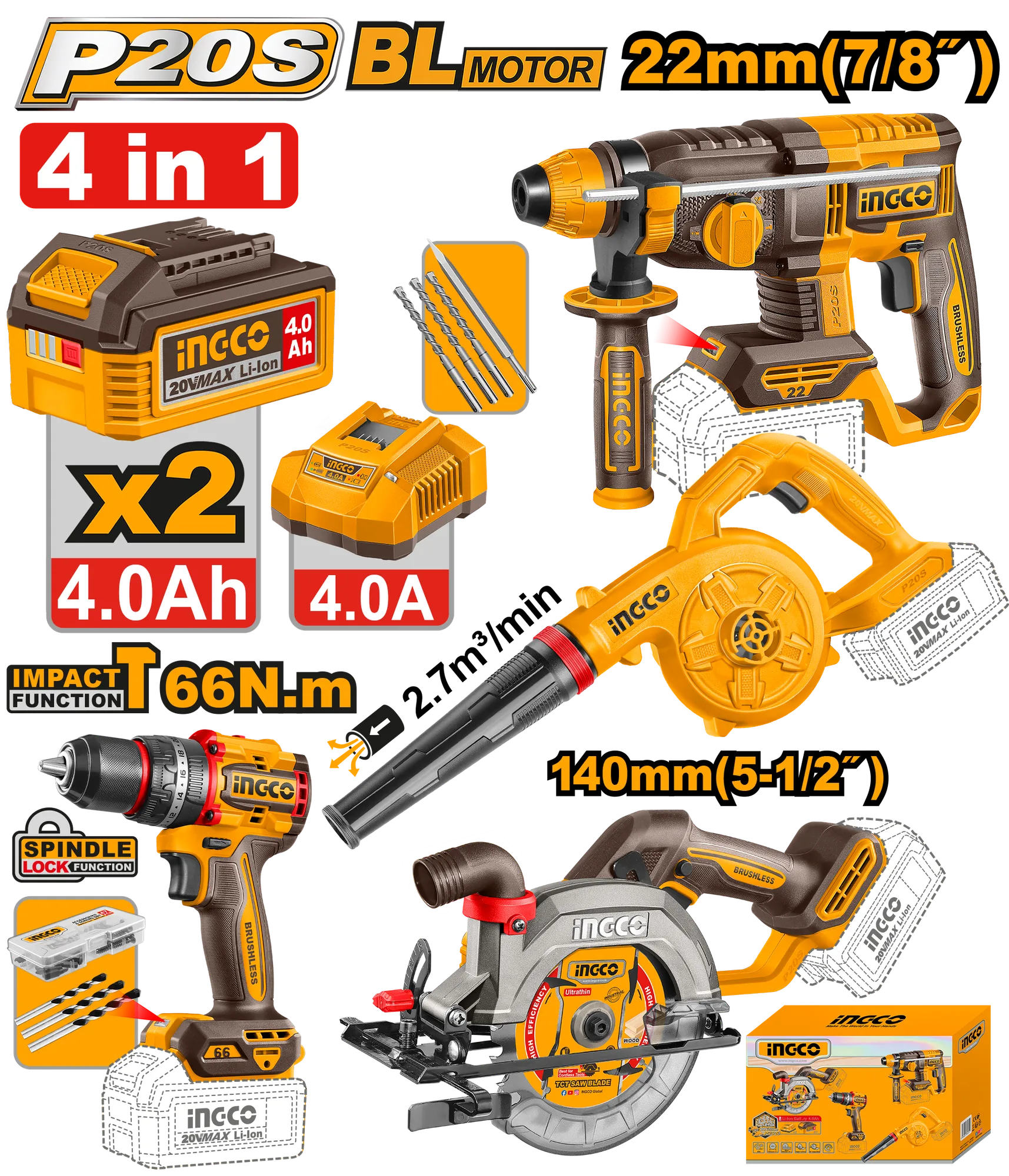 Combo set 4/1 20V 2x4.0Ah INGCO COSLI250695