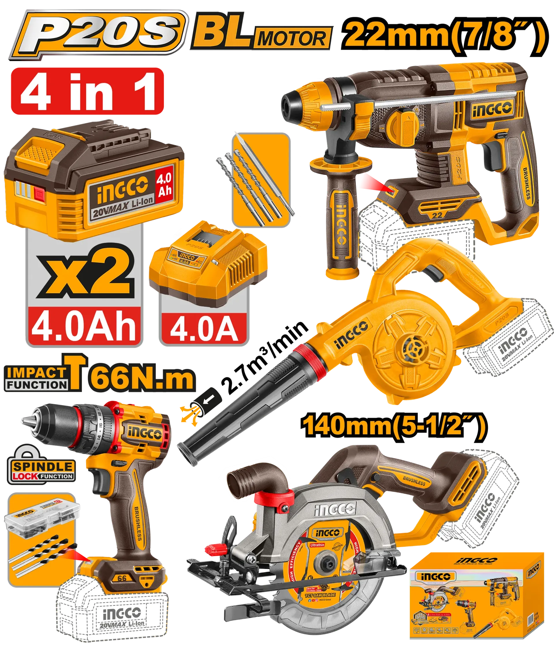 Combo set 4/1 20V 2x4.0Ah INGCO COSLI250695