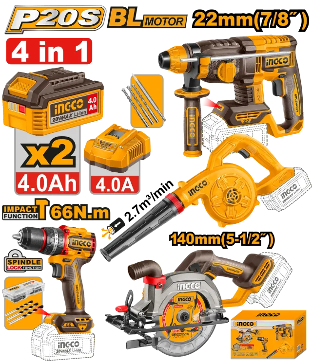 COMBO СЕТ 4/1 20V 2×4.0Ah INGCO COSLI250695