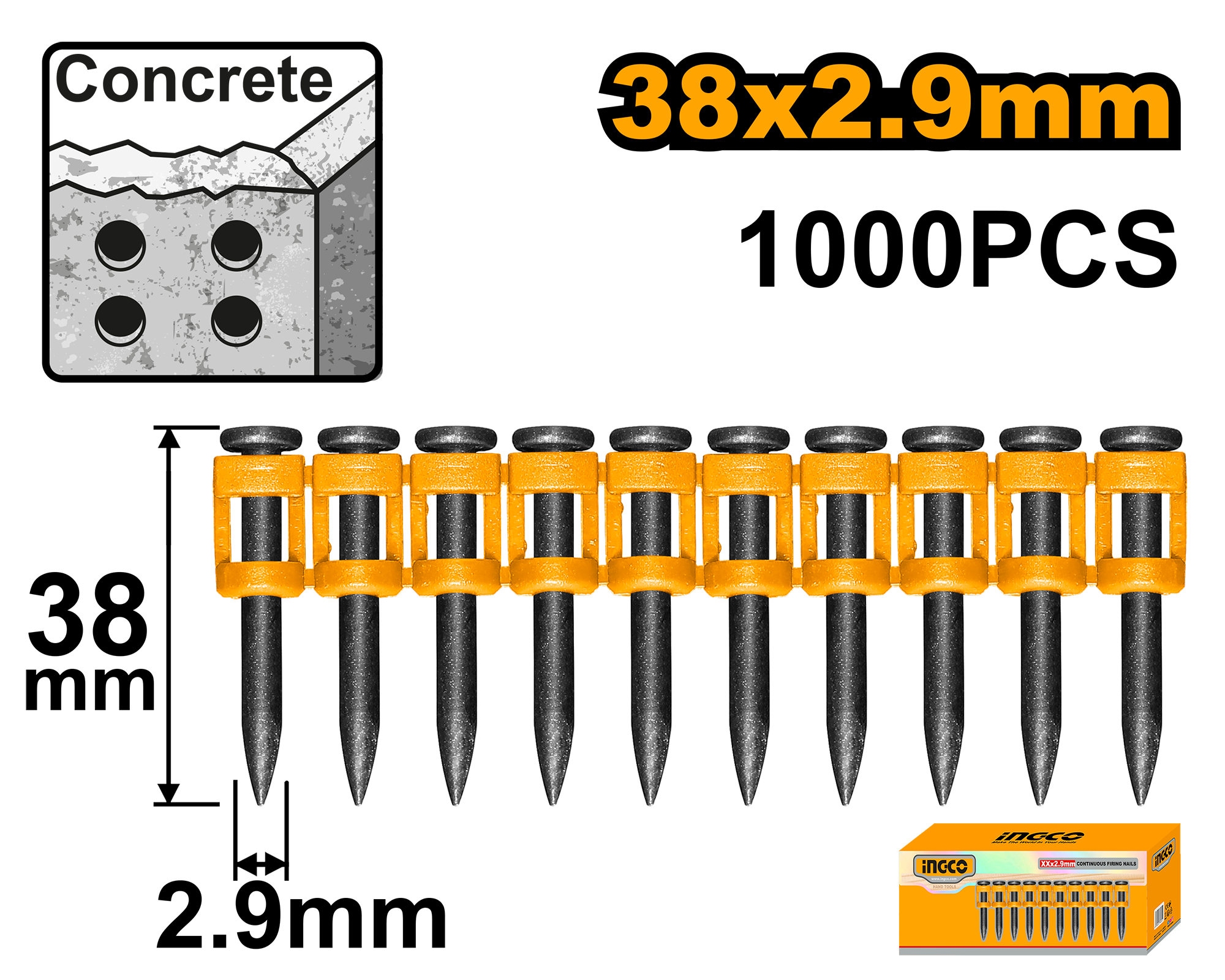 ШАЈКИ ЗА БЕТОН ЛЕНТА 2.9x38mm 1000PCS INGCO ANA02381