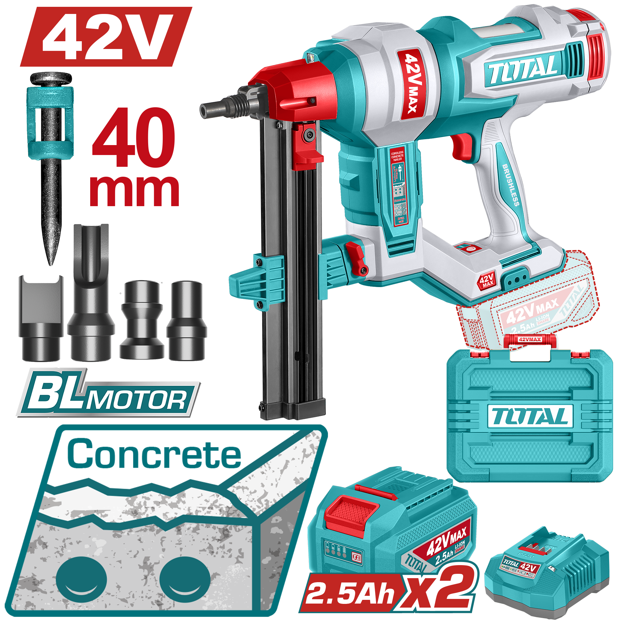 БАТЕРИСКА ХЕФТАЛИЦА ЗА ШАЈКИ ЗА БЕТОН 42V 2×2.5Ah TOTAL TCNLI420602