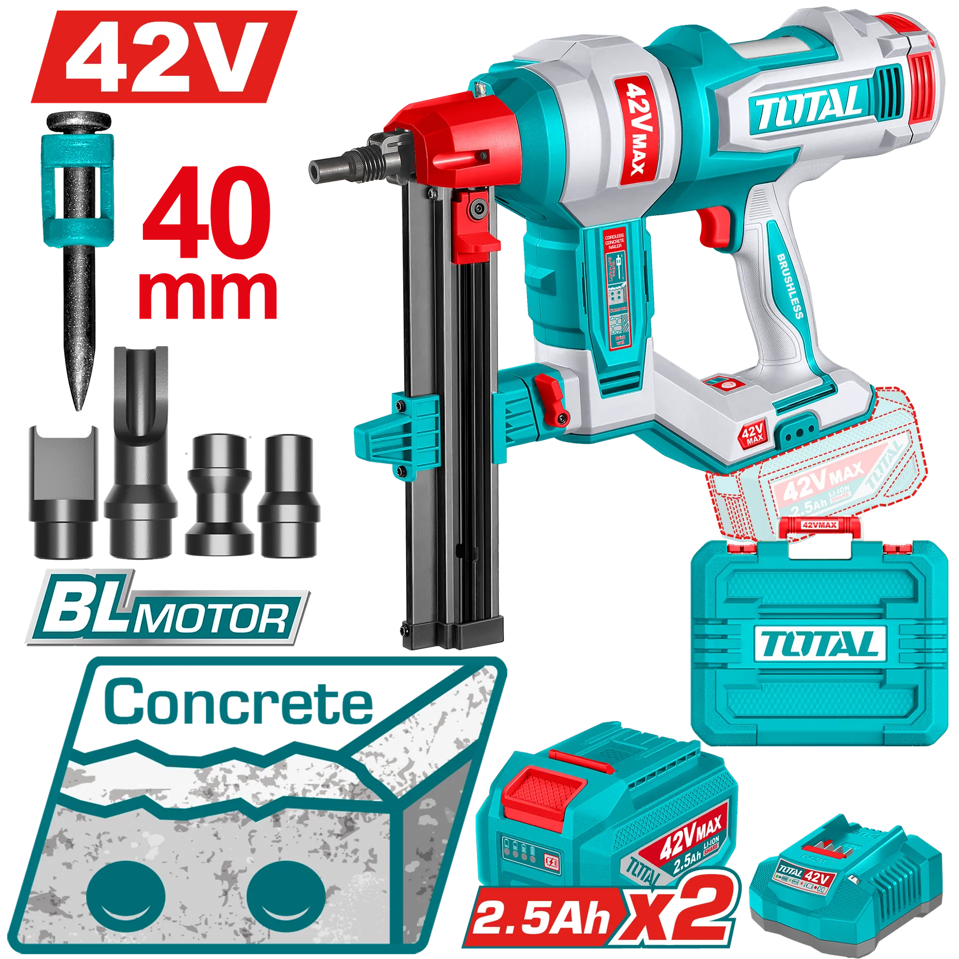 БАТЕРИСКА ХЕФТАЛИЦА ЗА ШАЈКИ ЗА БЕТОН 42V 2×2.5Ah TOTAL TCNLI420602