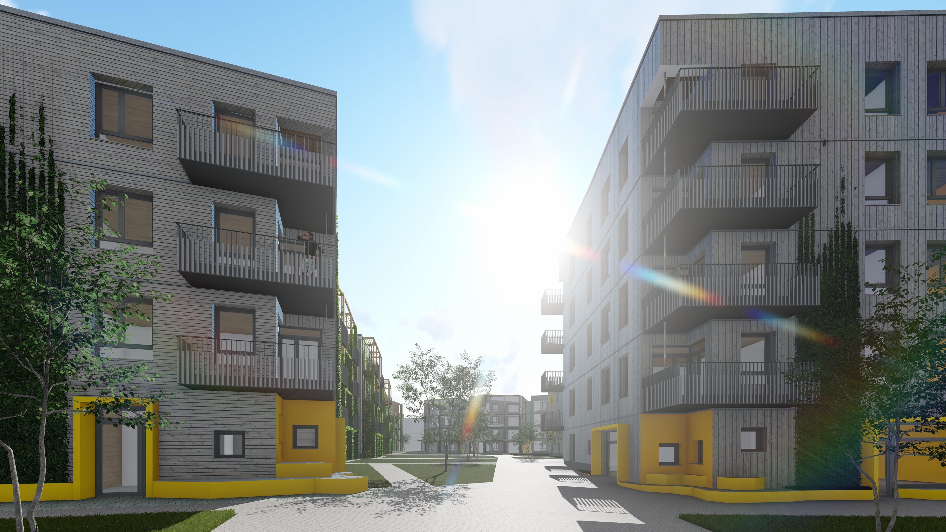 Ansicht mehrgeschissiger Holzbau mit vorgefertigten Fassaden im Holzrahmenbau