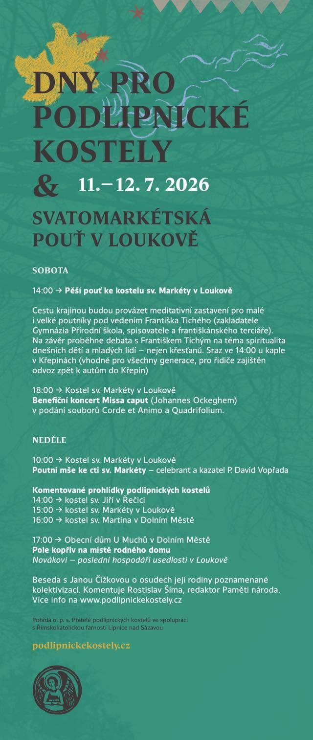 Plakát Dnů pro podlipnické kostely a svatomarkétské pouti v Loukově, 11.–12. července 2026.