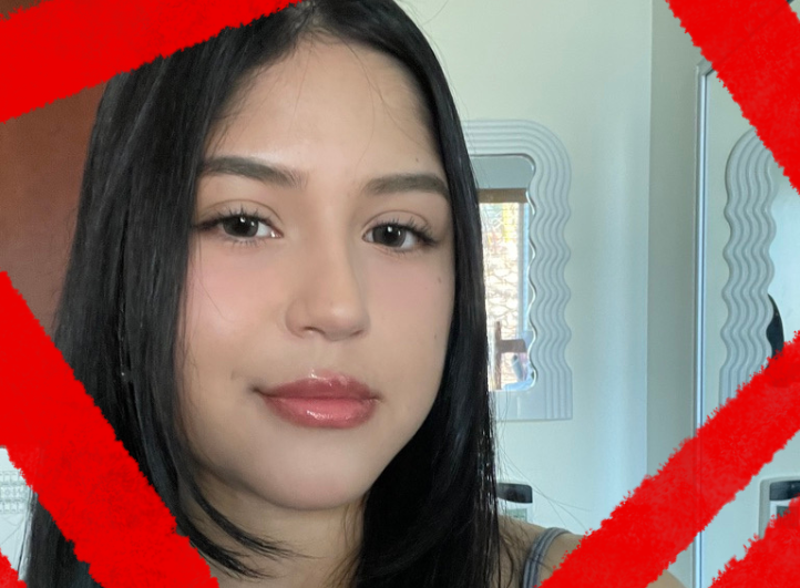 A close-up portrait of a young person with long black hair, smiling softly, set against a background with abstract geometric shapes. The image features bold red brushstrokes that create a visually striking contrast, promoting messages of community service and volunteerism.