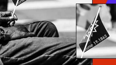 A person holds a small flag with the date 'June 19, 1865' while seated, symbolizing historical significance. This image represents community engagement and the importance of civic learning and volunteer opportunities.