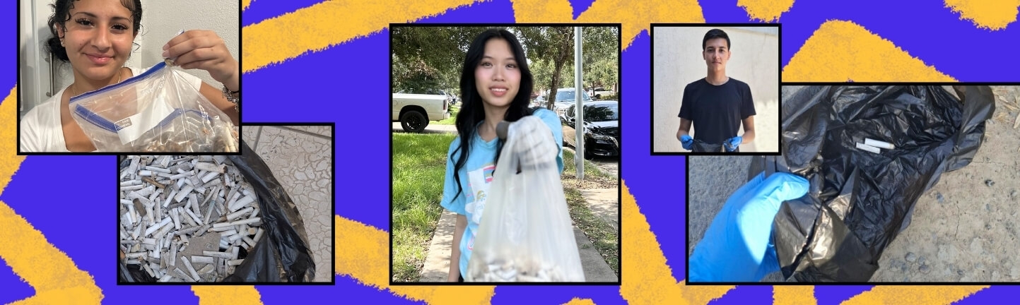 A colorful collage of young people volunteering their time for doing good in their communities, and collecting and cleaning up cigarette butts from their community streets.