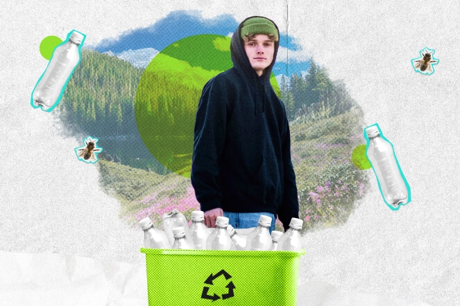 A colorful image of a young person posing by a neon green recycling bin, flaunting their plastic bottle recycling impact. Also features icons of insects and transparent plastic bottles on a small, scenic mural of a rural area, on a paper white background.