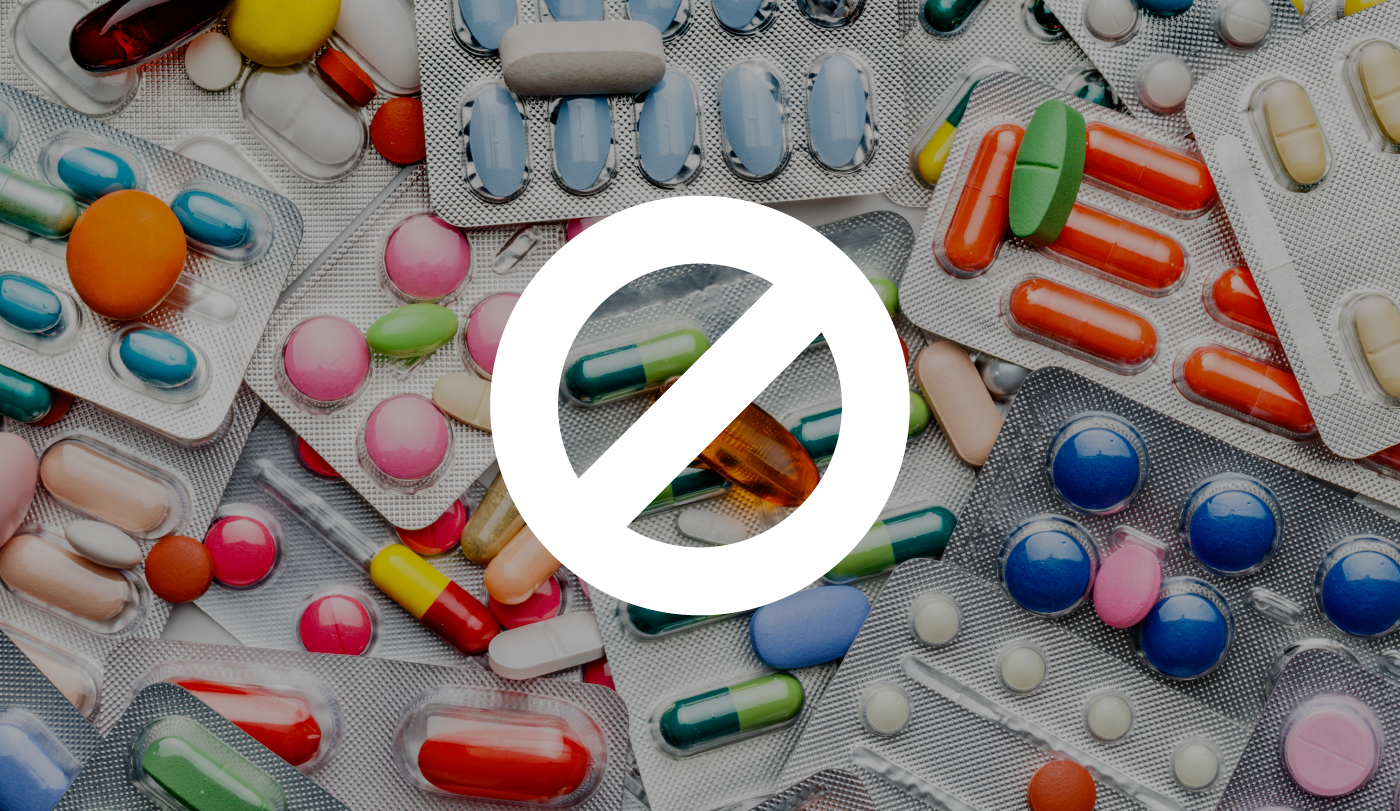 A larger spread of pill packs with the "No" icon 🚫 in white overlaid