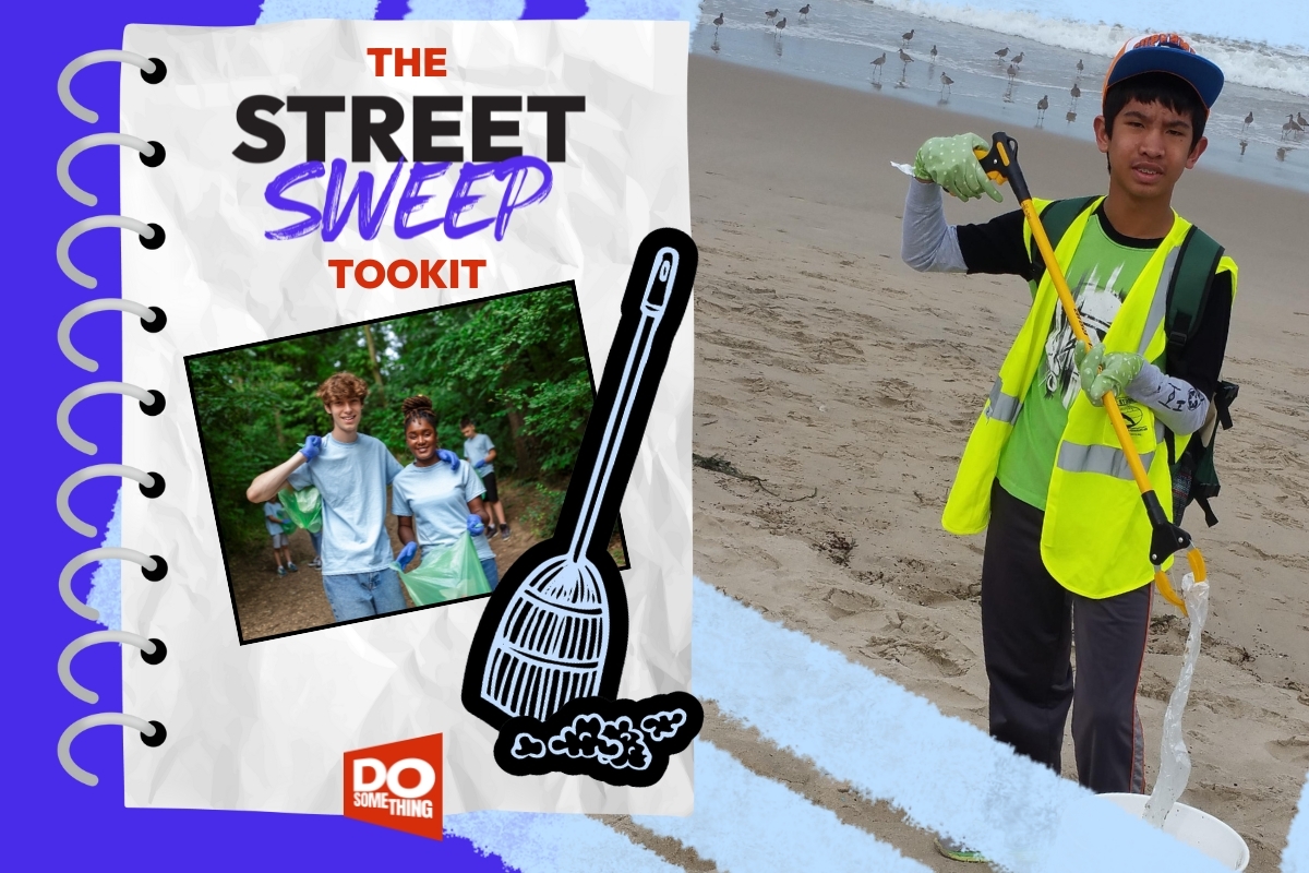 A youth wearing a neon yellow safety vest and gloves holds a trash picker on a beach, promoting community service. In the background, a workbook titled 'The Street Sweep Toolkit' showcases images of volunteers working together to clean up their environment.