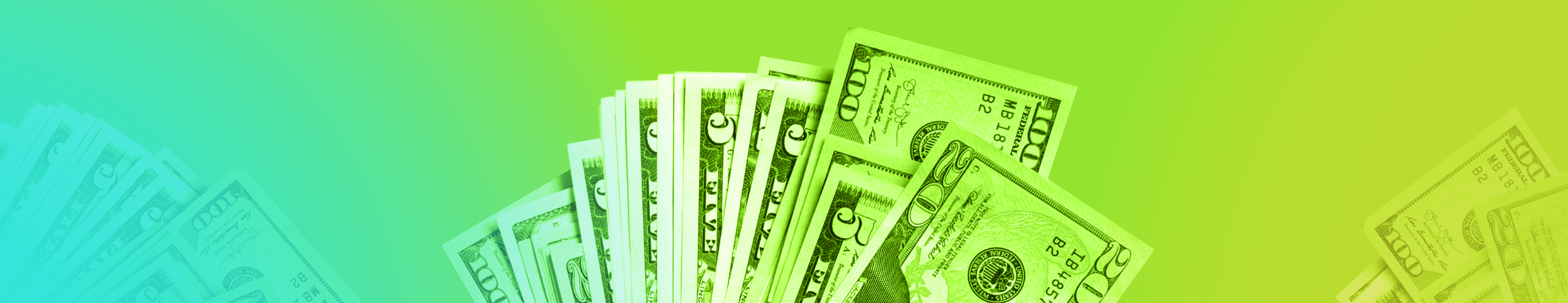 Teal and green gradient graphic image of various types of dollar bills