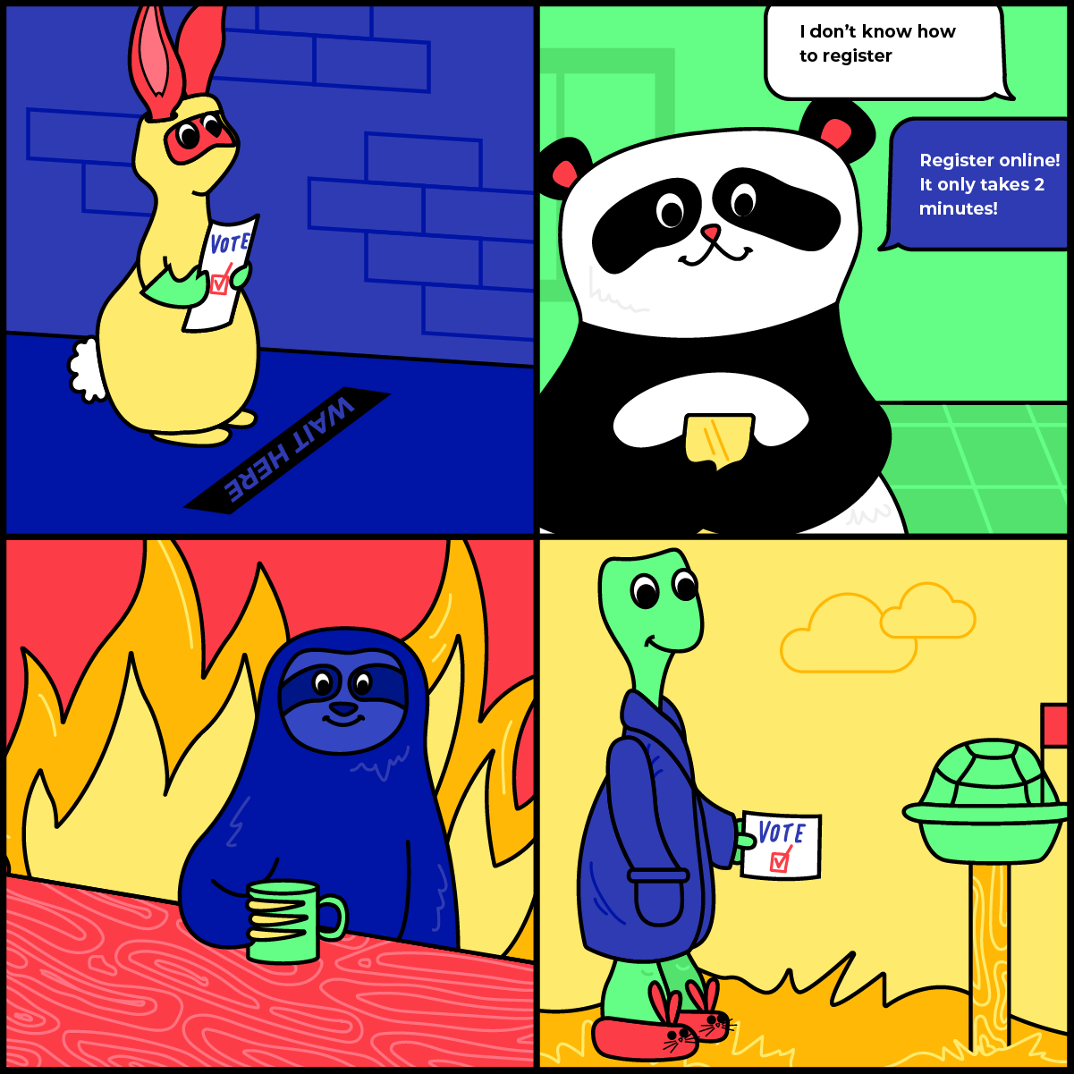 A colorful illustration featuring various anthropomorphic animals discussing voting and registration. The top panels display a rabbit holding a vote sign and a panda encouraging online registration, while the bottom panels show a sloth relaxing with a mug and a turtle preparing to vote.