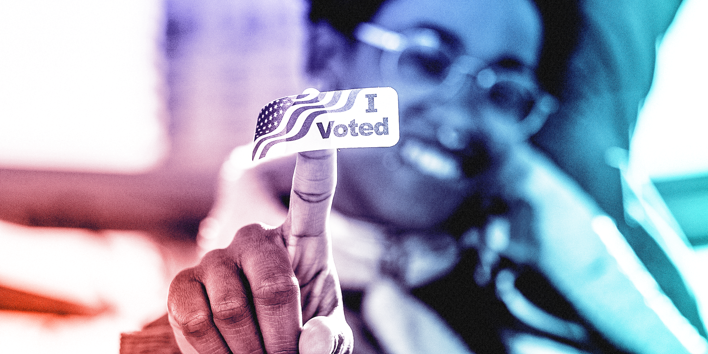 Young person holding up an "I Voted" sticker