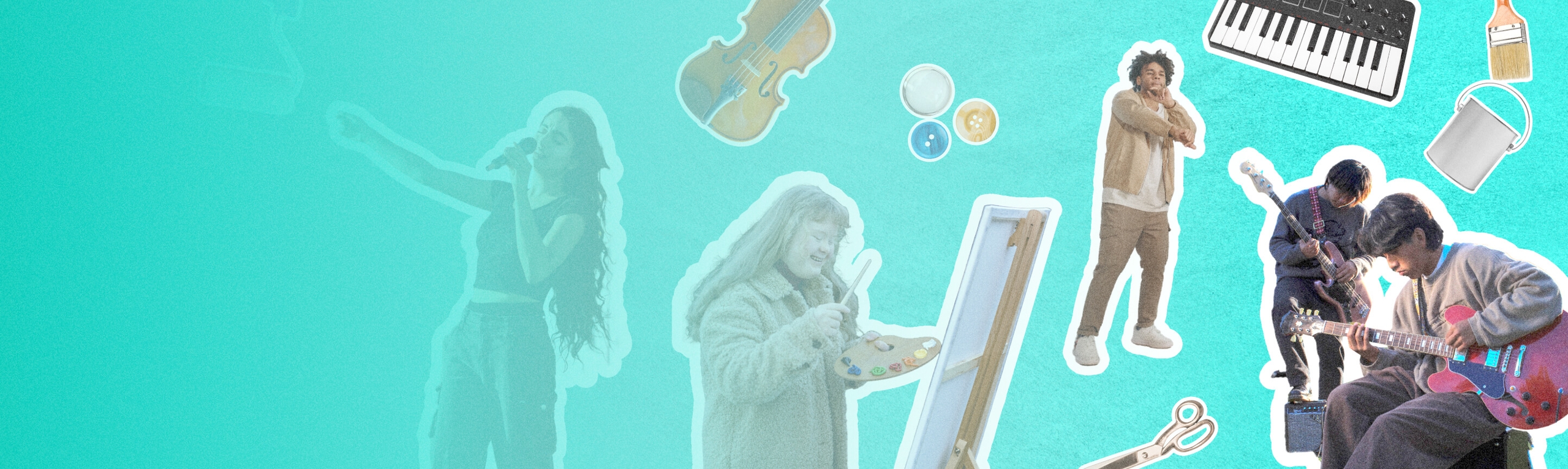 A teal background image with a collage of young people in acts of service in their communities and various icon stickers embedded on the left, including: young people creating community art and performances; piano, mic, paint brush, button, paint cans, instruments.