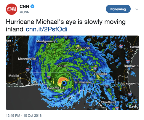 A satellite image of Hurricane Michael shows its eye surrounded by swirling clouds and rain. The image highlights the storm's movement toward Panama City and surrounding areas, indicating the impact on communities.