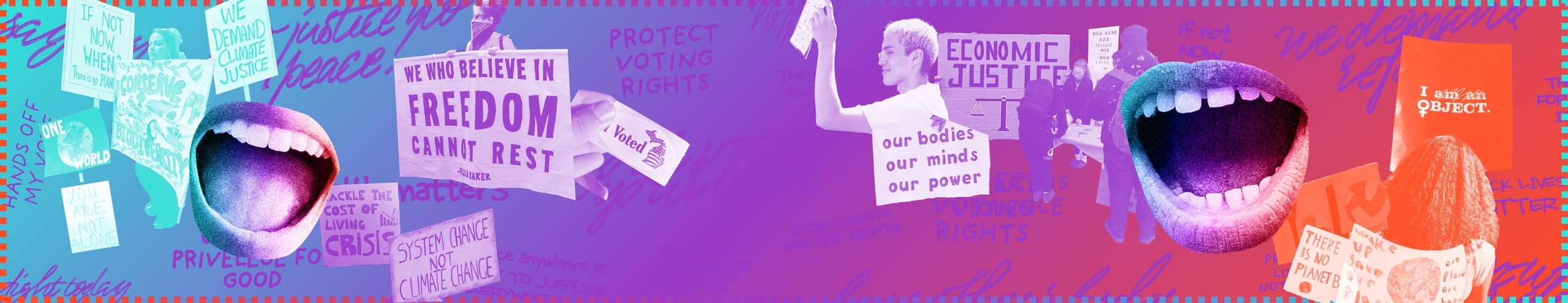 A teal, blue, purple and orange gradient graphic of stickers highlighting the amplification of youth voices, including activists holding up signs on issues they care about: Economic Justice, Freedom and Reproductive Rights.