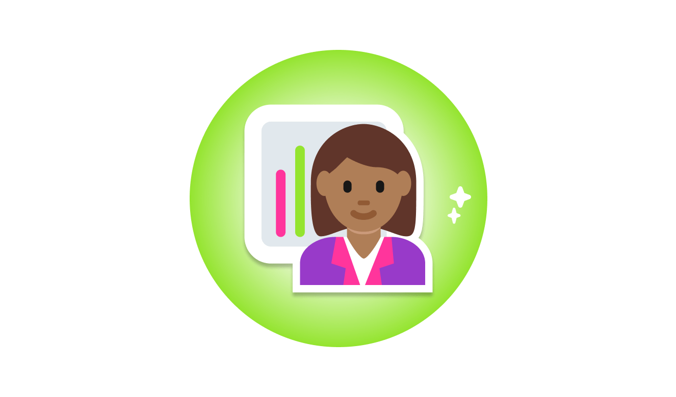 A cartoon sticker of a woman wearing purple jacket in front of a colorful graph, on a white and green gradient circle with small twinkling stars