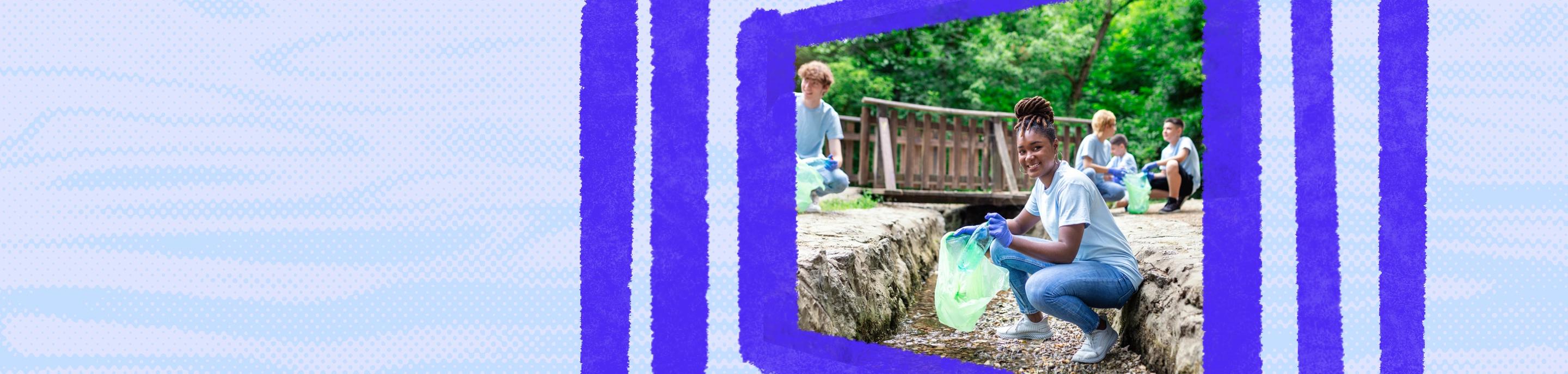 A group of individuals engaged in a community cleanup project near a stream, collecting trash in green bags. This scene illustrates the importance of volunteer opportunities and civic engagement in environmental stewardship.