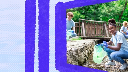 A group of individuals engaged in a community cleanup project near a stream, collecting trash in green bags. This scene illustrates the importance of volunteer opportunities and civic engagement in environmental stewardship.
