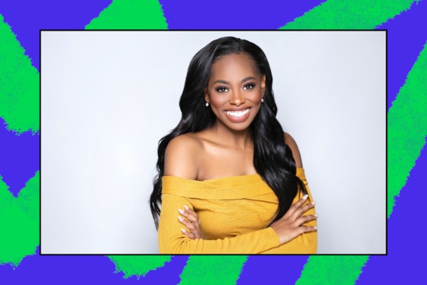 A smiling individual with long wavy hair, wearing a bright yellow off-the-shoulder top, stands confidently with arms crossed against a light background. The image is framed by vibrant blue and green geometric shapes, highlighting the themes of community service and leadership.