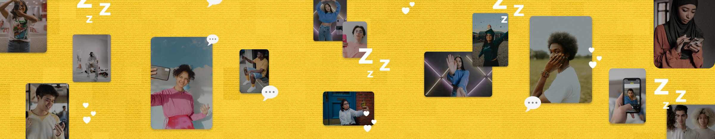 A collage of various young people adorned with social iconography, including white hearts, white snoozes/z's, white chat bubbles, on a golden yellow, glitchy background