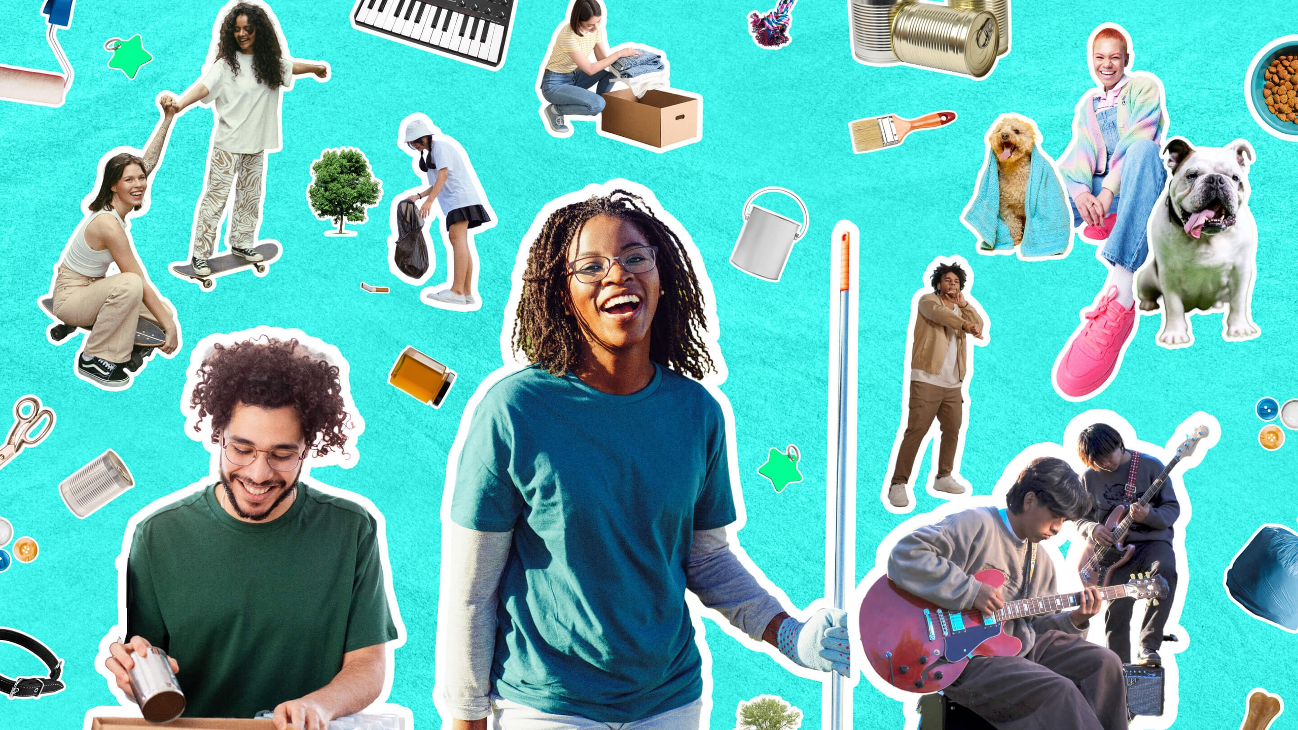 A teal background image with a collage of young people in acts of service in their communities and various icon stickers embedded on the left, including: young people washing neighbors dogs; young people donating food; young people cleaning up streets; young people creating community art and performances; piano, mic, trees, cans; paint brush, stars.