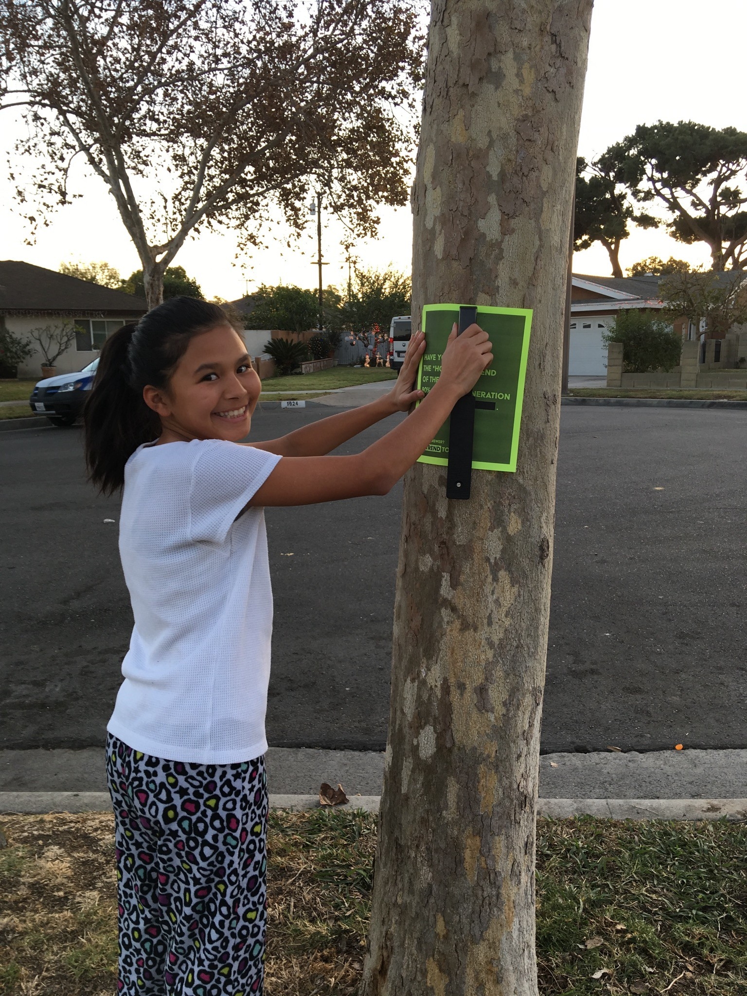 A youth enthusiastically places a community service announcement on a tree in a neighborhood, promoting volunteer opportunities and civic engagement. The image captures a vibrant community spirit with homes and trees in the background.