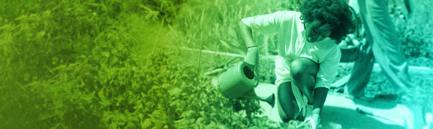 A young person kneeling in a garden watering plants