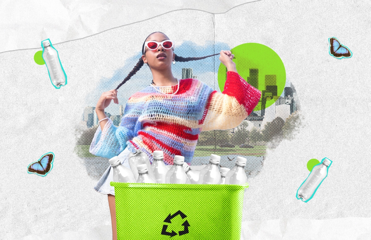 A colorful image of a fashionable young person posing by a neon green recycling bin, flaunting their plastic bottle recycling prowess. Also features icons of blue butterfiles and transparent plastic bottles on a small mural of a city on a paper white background.